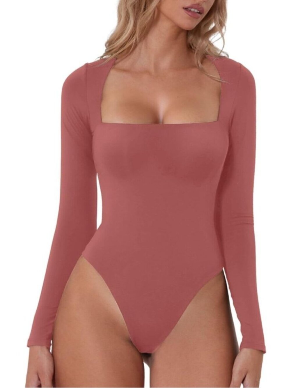 🆕Women’s Merlot Mauve Square Neck Long Sleeve Bodysuit Double Lined Sexy Top